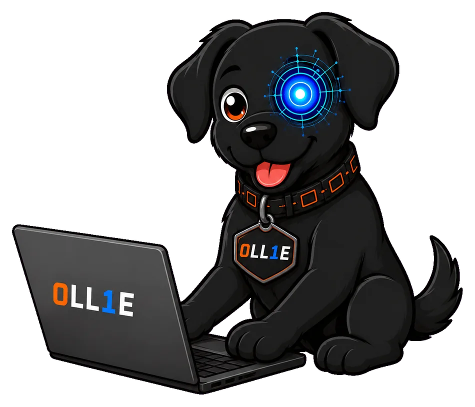 Ollie, unser Cyber-Hund, arbeitet am Laptop